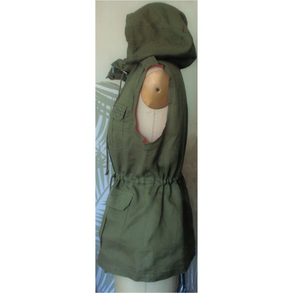 NEW OLIVE GREEN LINEN STUDDED ANORAK VEST L - Picture 2 of 10